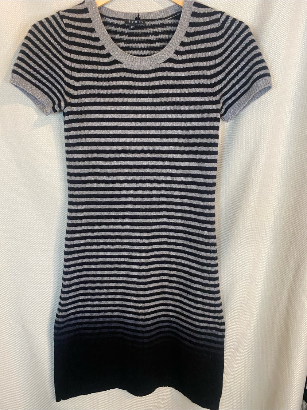 Theory Black and Gray Striped Short-Sleeve Knit Mini Dress light weight